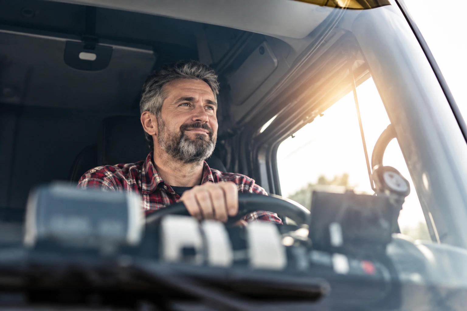 Driver in a truck cab on a sunny day
