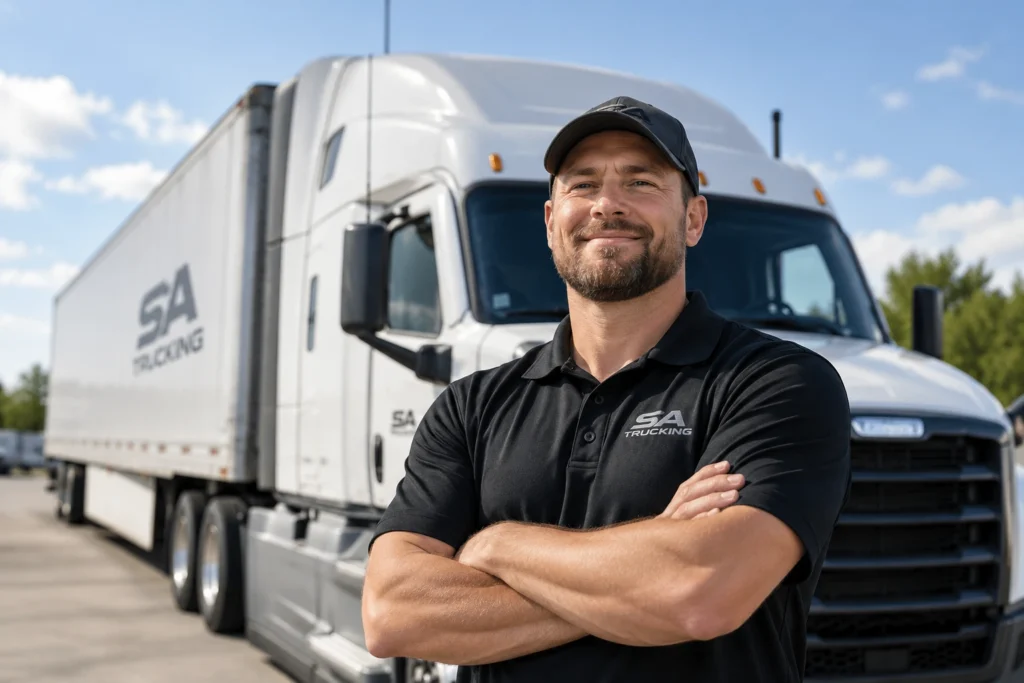 SA Trucking driver standing beside a truck