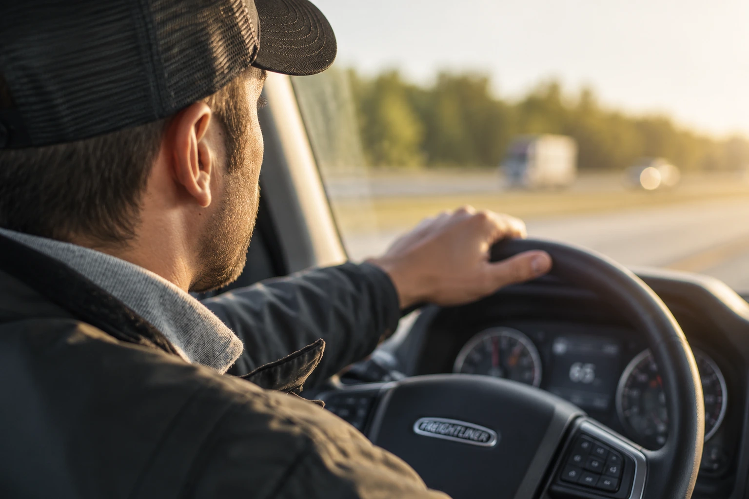 Truck driver viewing the road from the cab