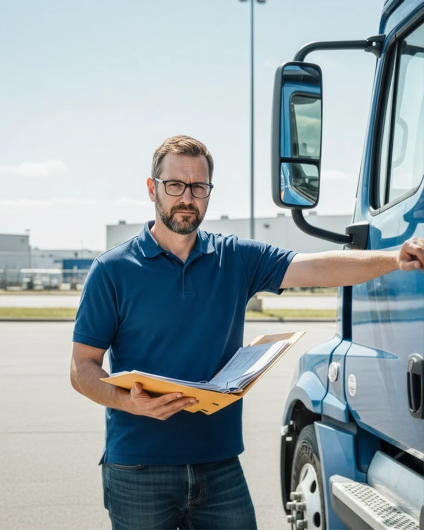 Company truck driver beside a blue SA Trucking truck