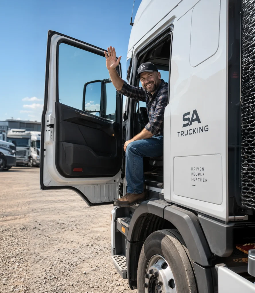 SA Trucking driver waving from the cab of a white company truck