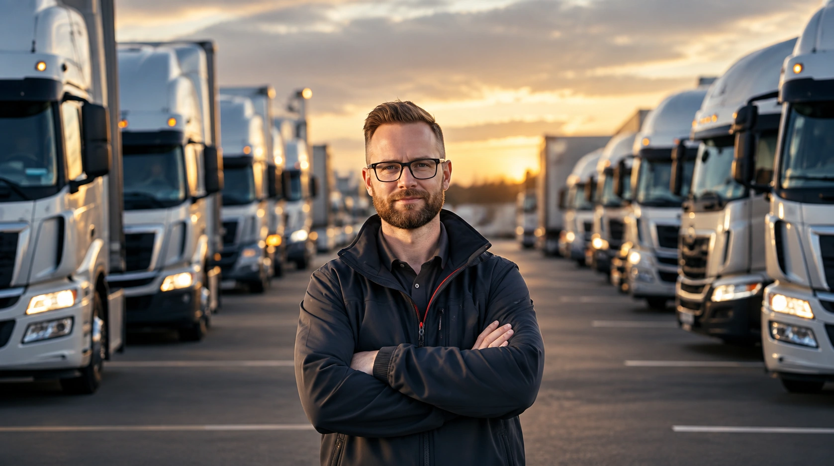 Dry Van driver standing between rows of trucks at sunset