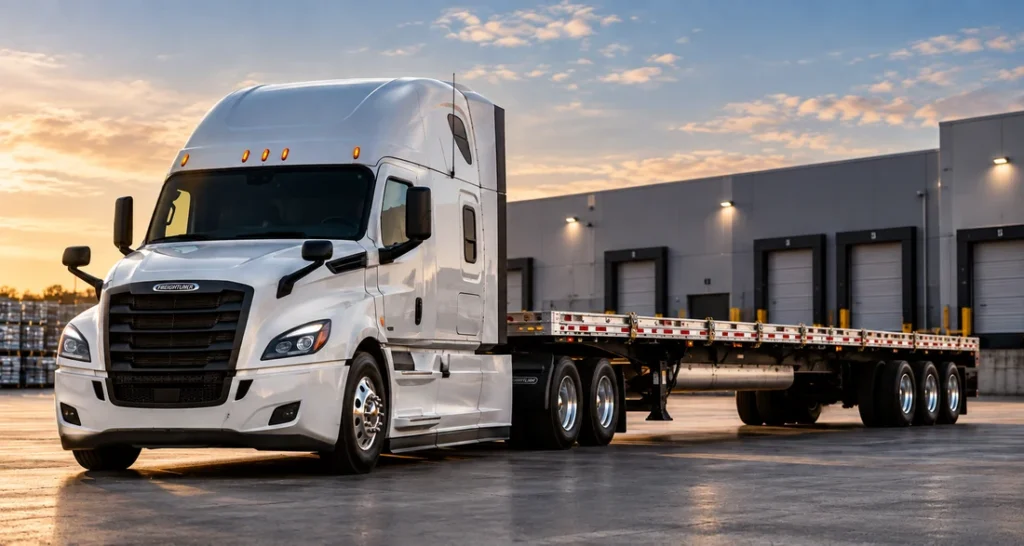 Freightliner Cascadia with a flatbed trailer