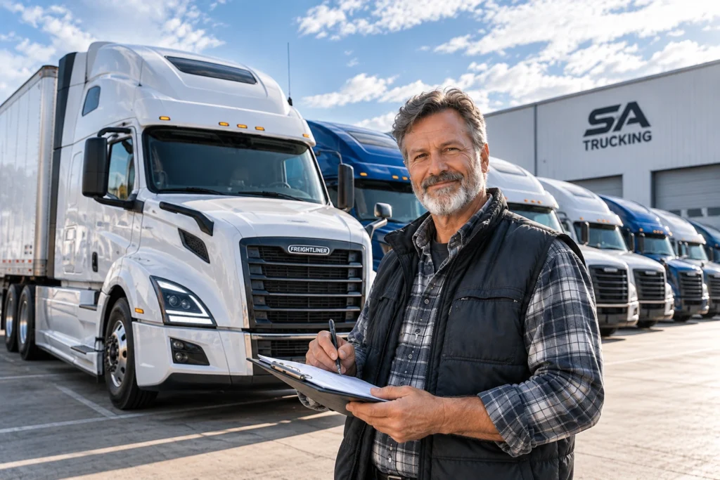 Driver holding a clipboard beside the truck fleet