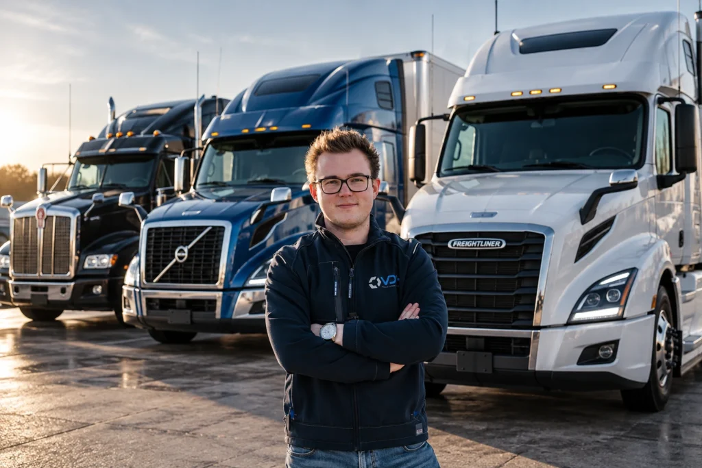 Team driver standing in front of the truck fleet