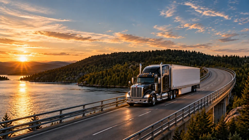 Owner-operator truck driving beside a lake at sunset