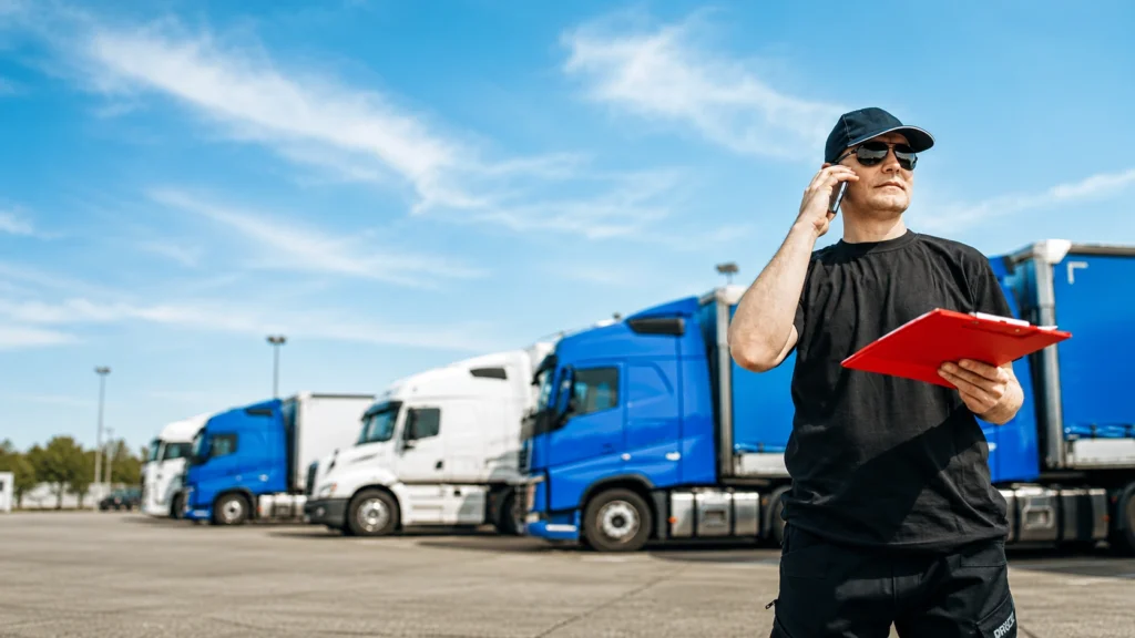 Owner-operator on the phone beside the fleet