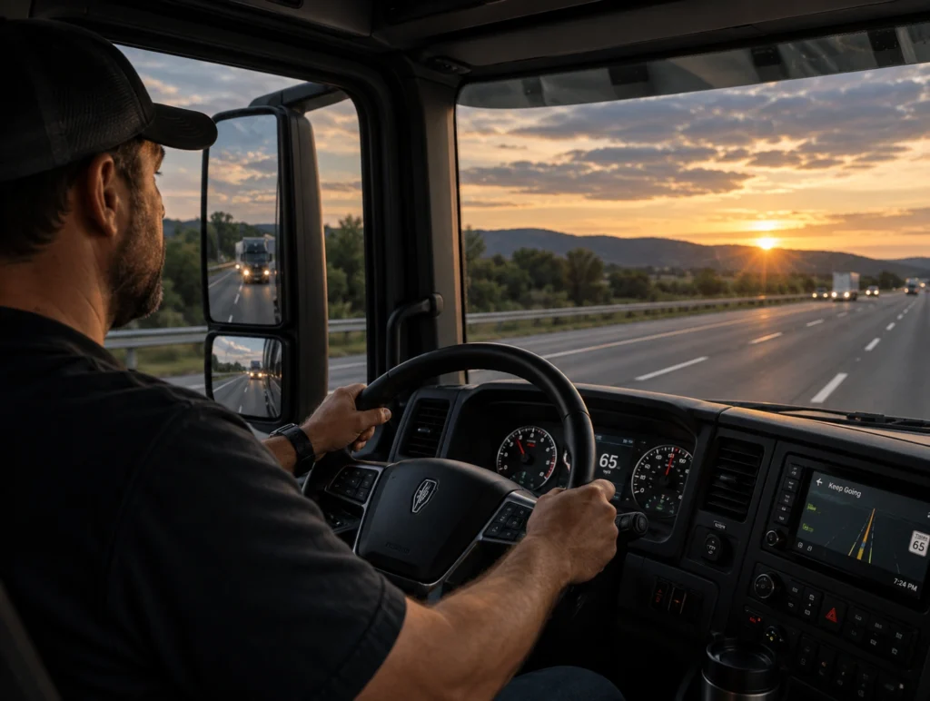 Owner-operator driving at sunset