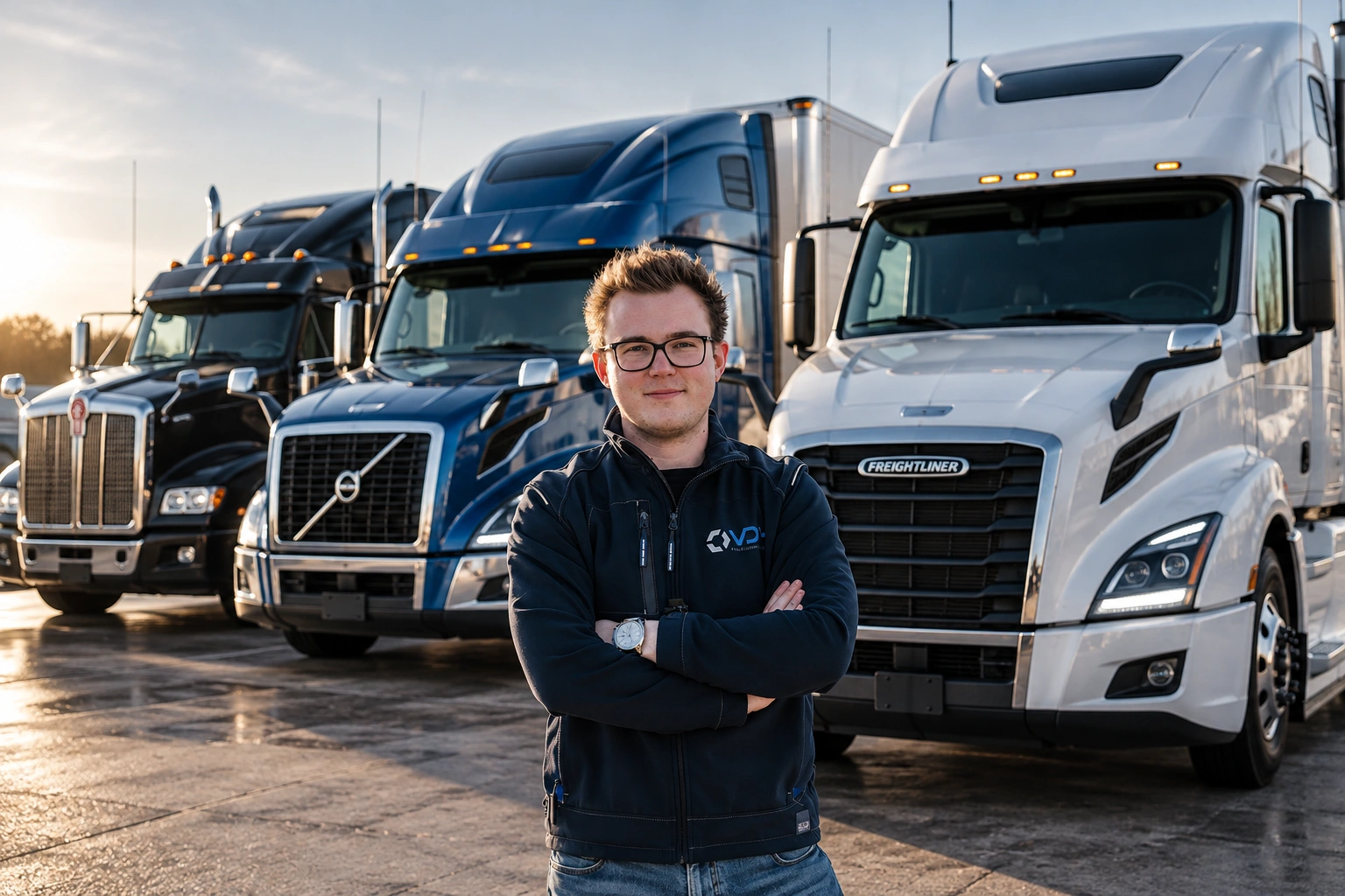Team driver in front of the SA Trucking fleet